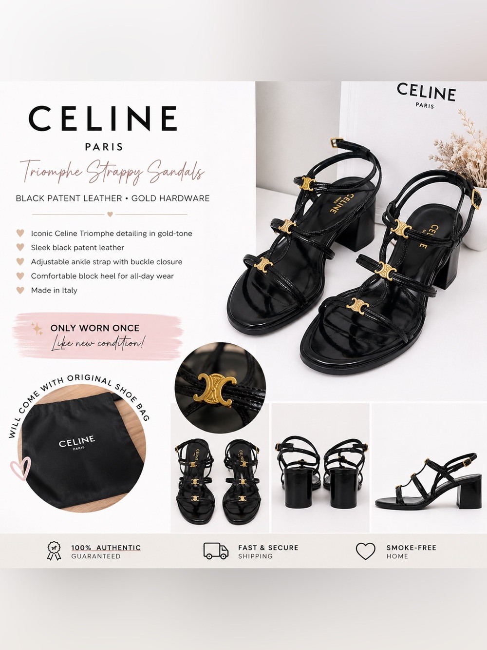 Celine Black Patent Leather Strappy Sandals with Gold Triomphe Accents EU39/US9